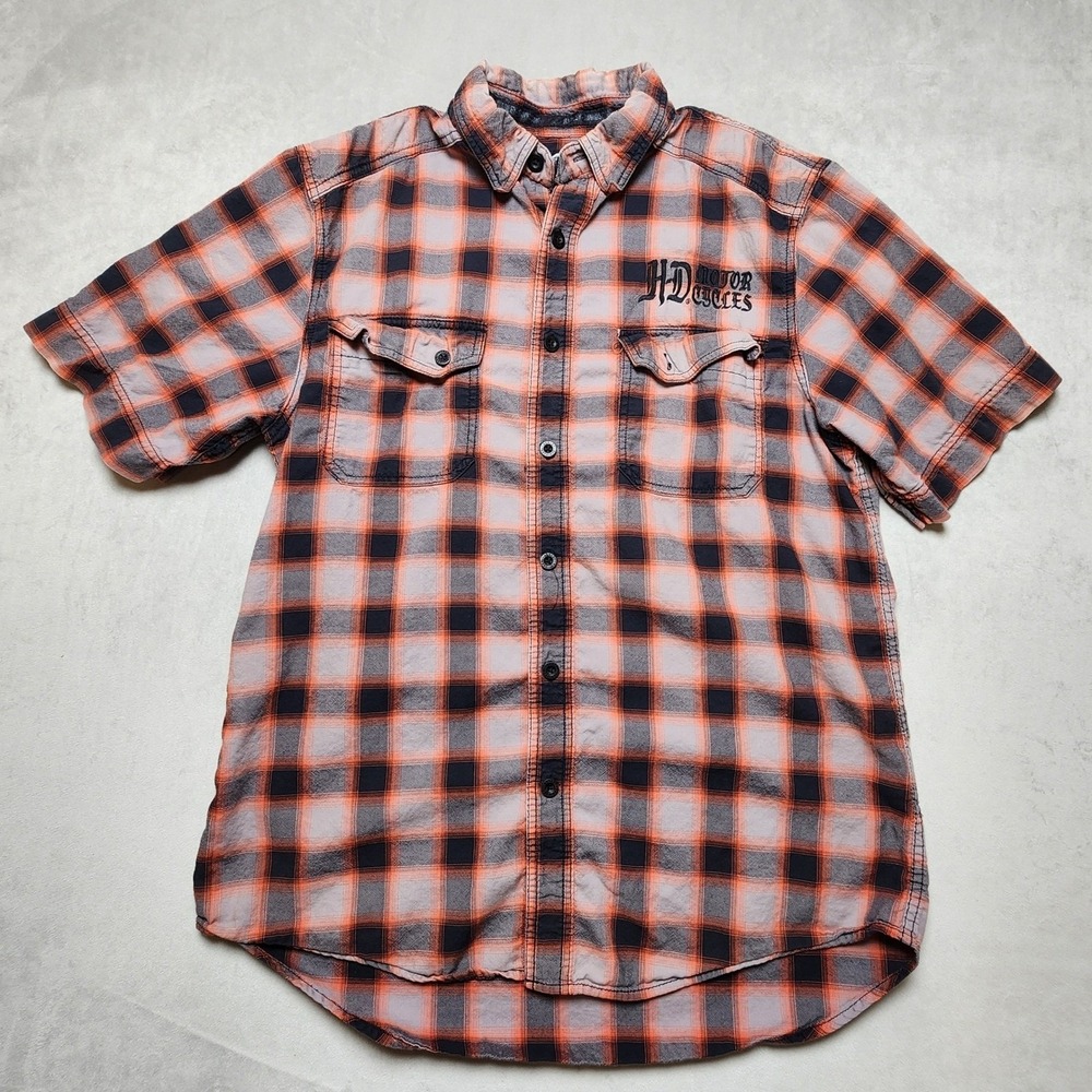 Harley Davidson Mens Orange Black Plaid Short‎ Sleeve Button Up Shirt L